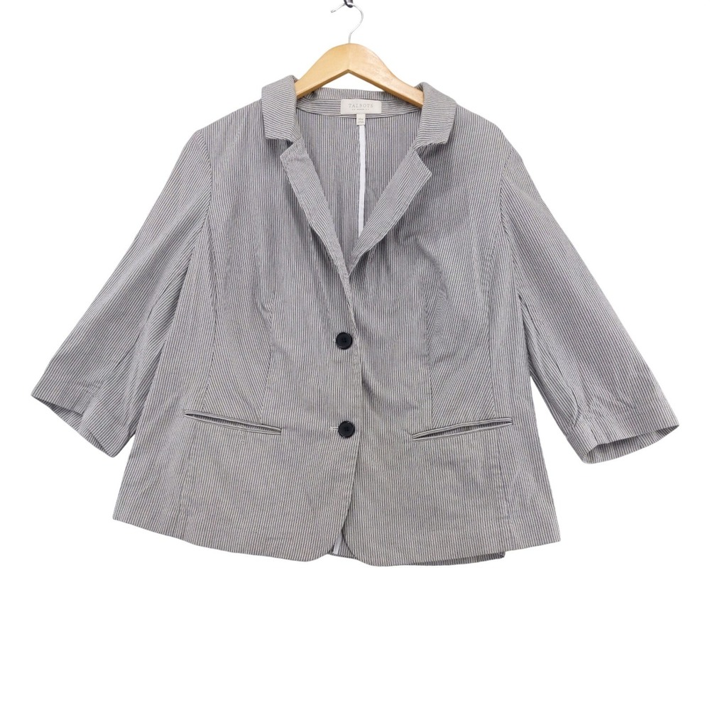 Talbots Blazer Women 18W Navy Blue White Striped 3/4 Sleeve Seersucker Style